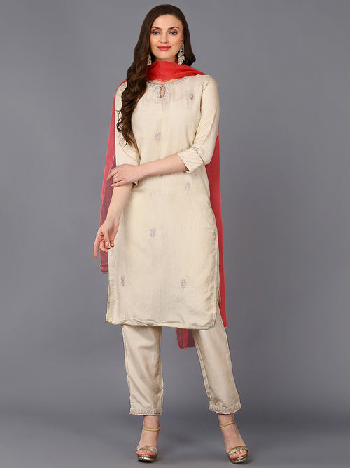 Silk Blend Beige Embroidered Straight Kurta Pant