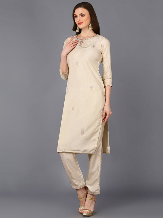 Silk Blend Beige Embroidered Straight Kurta Pant