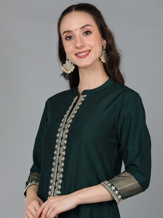 Ahika Women Silk Blend Embroidered Solid Kurta