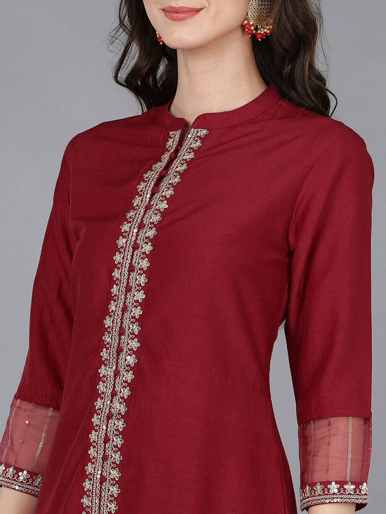 Ahika Women Silk Blend Embroidered Solid Kurta