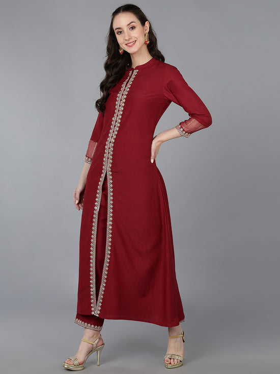 Ahika Women Silk Blend Embroidered Solid Kurta