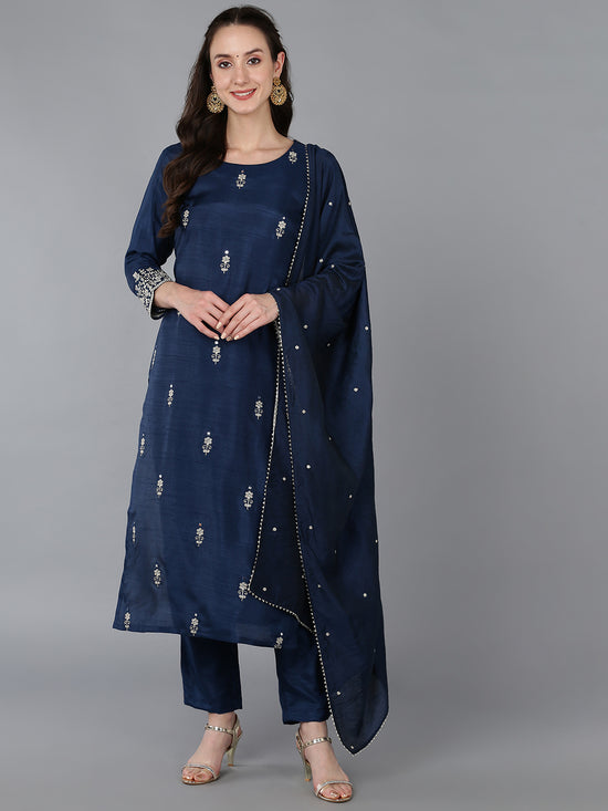 Ahika Women Silk Blend Embroidered Solid Kurta