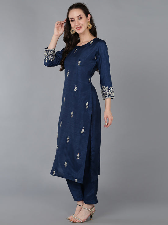 Ahika Women Silk Blend Embroidered Solid Kurta