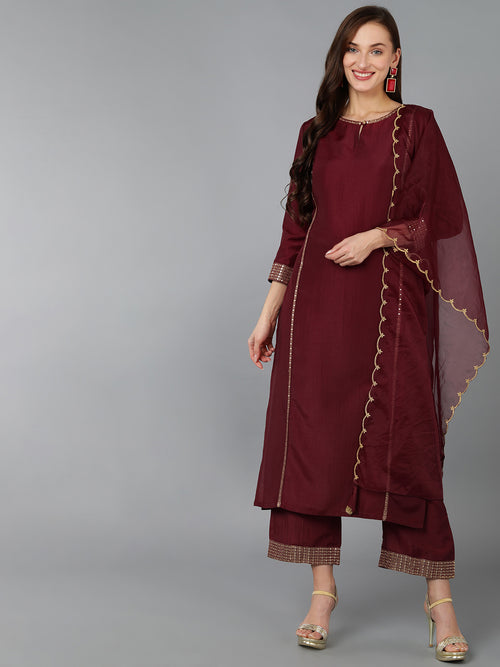 Ahika Women Silk Blend Embroidered Solid Kurta