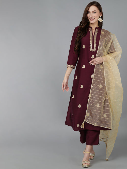 Ahika Women Silk Blend Embroidered Kurta Trouser