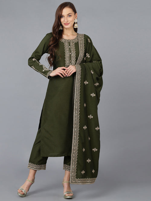 Ahika Women Silk Blend Embroidered Kurta Trouser