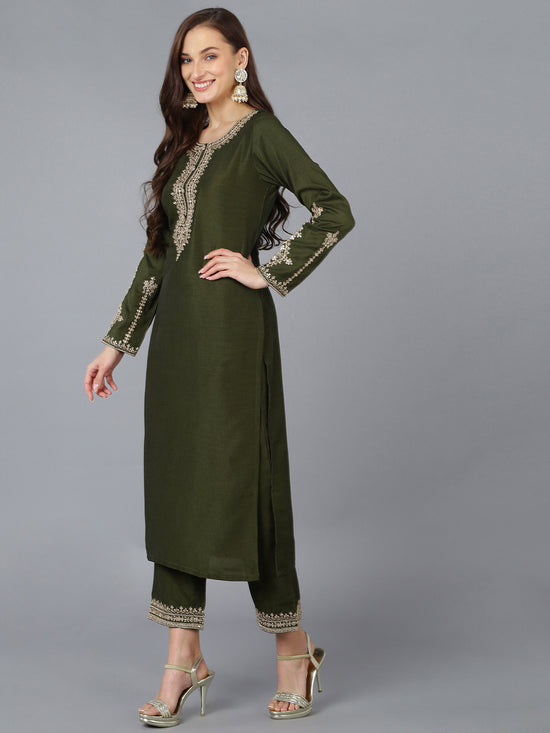 Ahika Women Silk Blend Embroidered Kurta Trouser