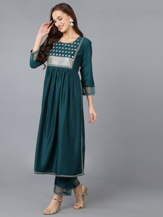 Ahika Women Silk Blend Embroidered Solid Kurta