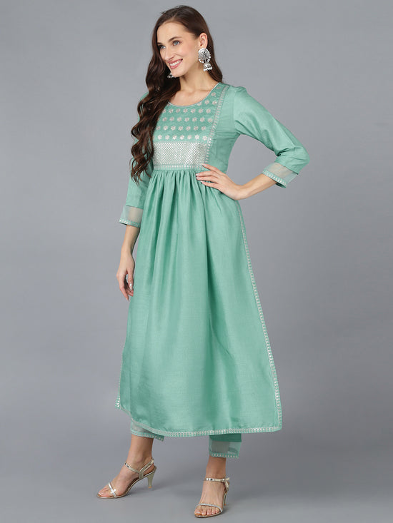 Ahika Women Silk Blend Embroidered Solid Kurta