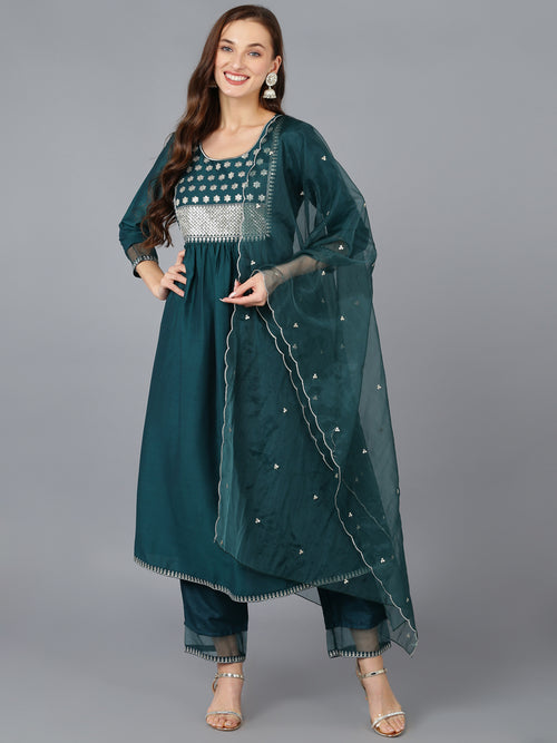 Ahika Women Silk Blend Embroidered Solid Kurta