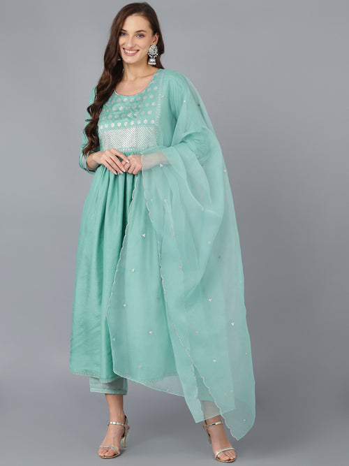 Ahika Women Silk Blend Embroidered Solid Kurta