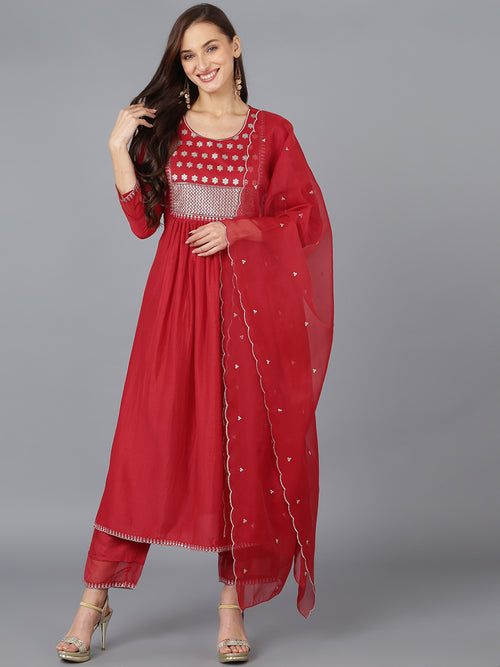 Ahika Women Silk Blend Embroidered Solid Kurta