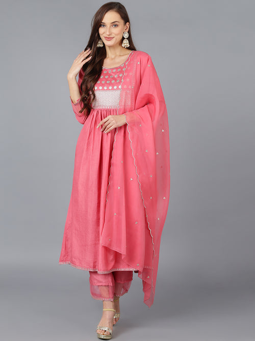 Ahika Women Silk Blend Embroidered Solid Kurta