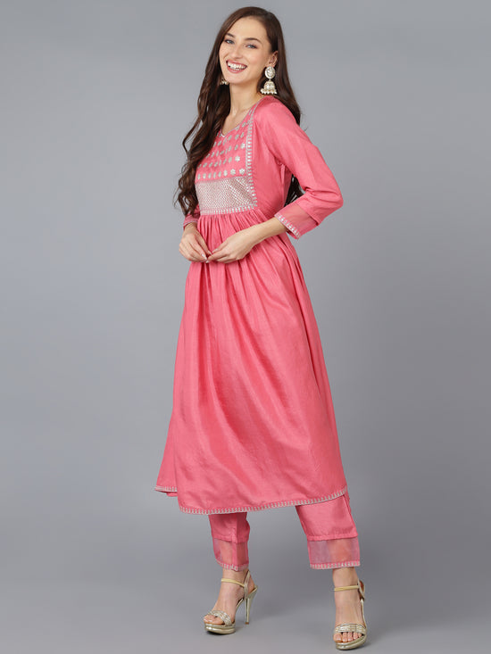 Ahika Women Silk Blend Embroidered Solid Kurta