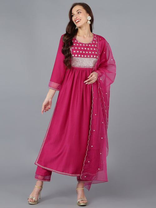 Ahika Women Silk Blend Embroidered Solid Kurta