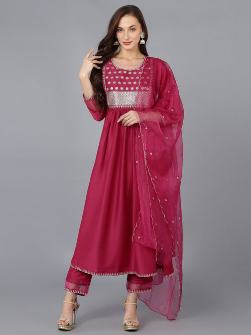 Ahika Women Silk Blend Embroidered Solid Kurta