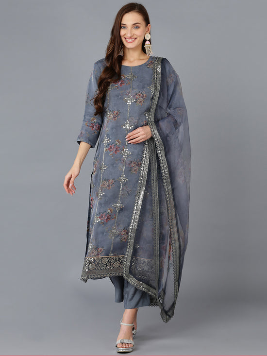 Ahika Women Organza Embroidered Floral Printed Kurta