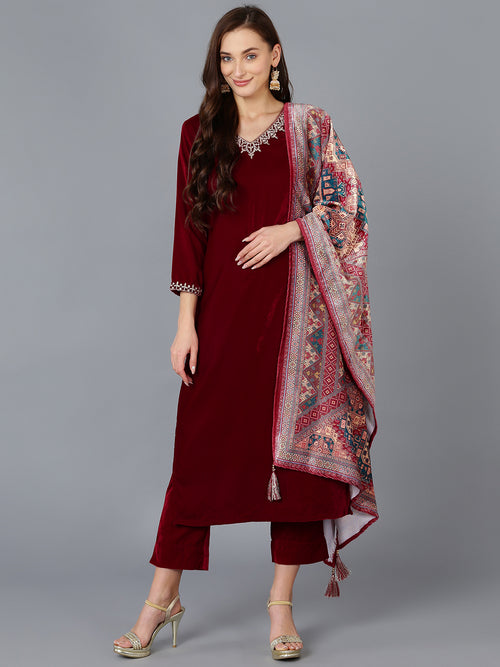 Ahika Women Velvet Embroidered Solid Kurta Trouser