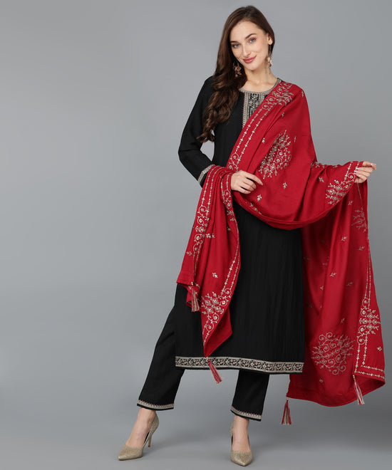 Silk Blend Black Embroidered Straight Kurta Pant