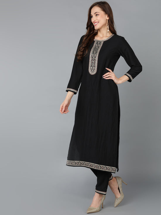 Silk Blend Black Embroidered Straight Kurta Pant