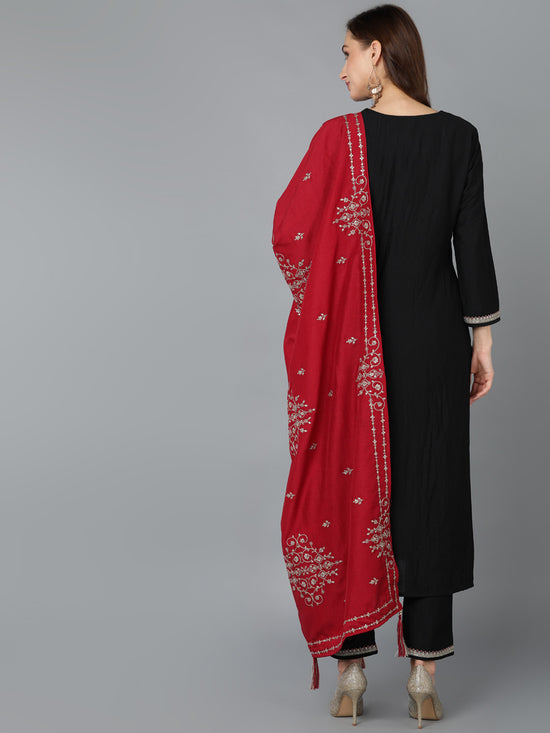 Silk Blend Black Embroidered Straight Kurta Pant