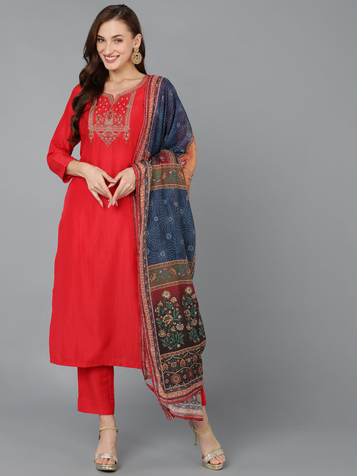 Ahika Women Silk Blend Embroidered Kurta Trouser