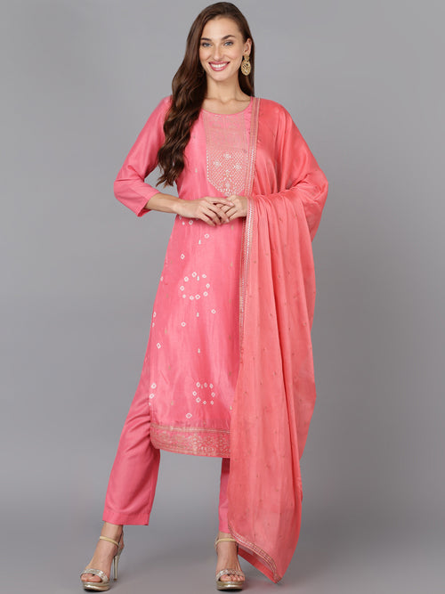 Pink Silk Blend Bandhani Printed Straight Suit