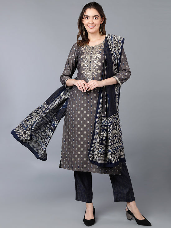 Silk Blend Grey Printed Straight Kurta Pant