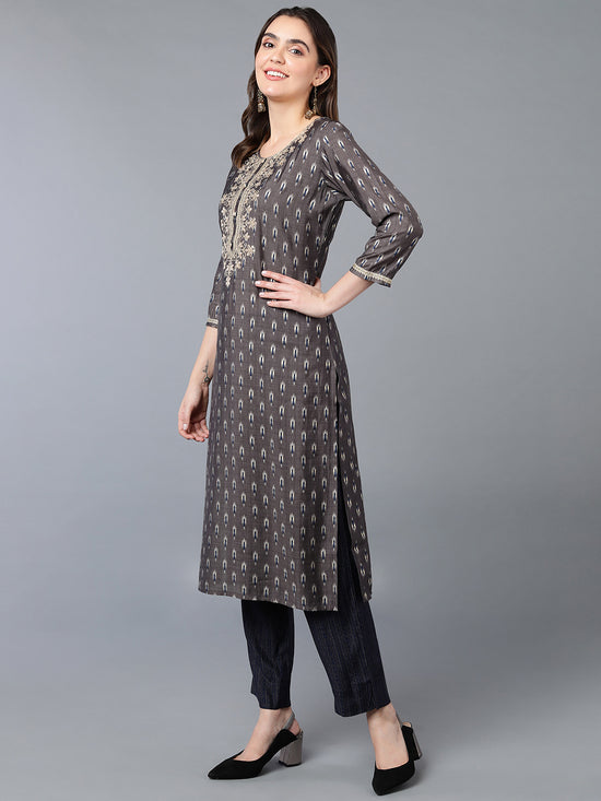 Silk Blend Grey Printed Straight Kurta Pant