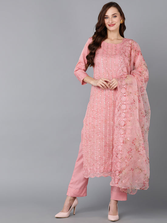 Ahika Women Organza Embroidered Kurta Trousers With