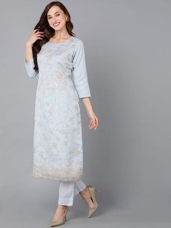 Ahika Women Organza Embroidered Kurta Trousers With