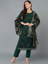 Organza Green Floral Printed Straight Suit Set