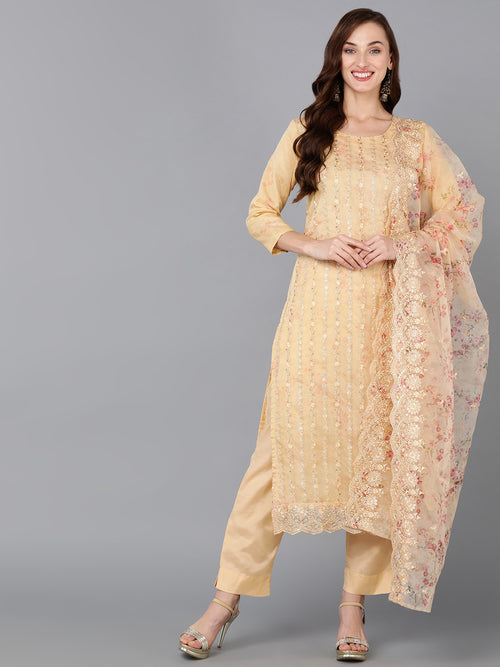 Ahika Women Organza Embroidered Kurta Trousers With