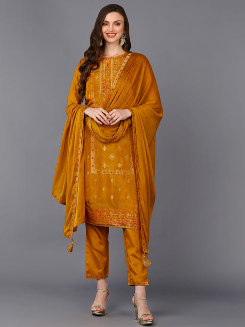 Silk Blend Mustard Embroidered Straight Kurta Pant