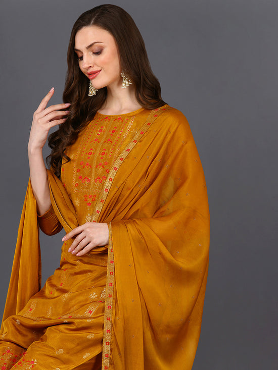 Silk Blend Mustard Embroidered Straight Kurta Pant