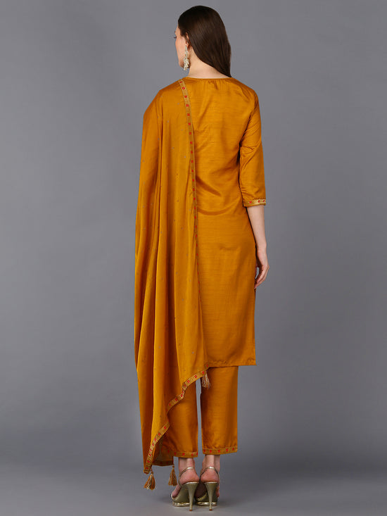 Silk Blend Mustard Embroidered Straight Kurta Pant