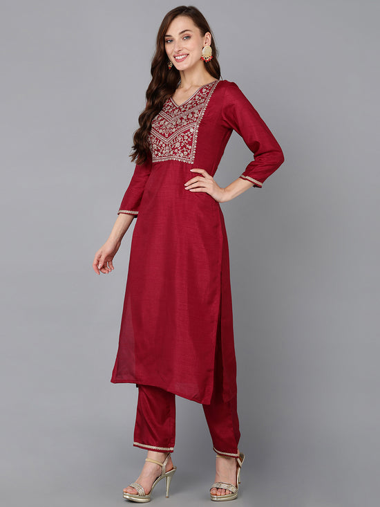 Ahika Women Silk Blend Embroidered Kurta Trousers