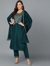 Green Silk Blend Embroidered Straight Suit Set