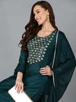 Green Silk Blend Embroidered Straight Suit Set