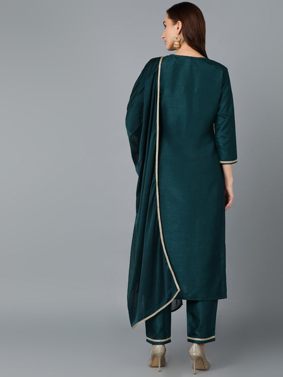 Green Silk Blend Embroidered Straight Suit Set