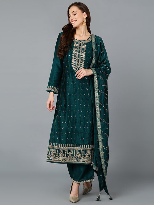 Green Silk Blend Embroidered Straight Suit Set
