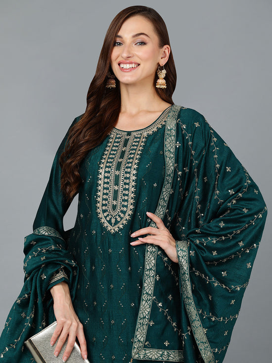 Green Silk Blend Embroidered Straight Suit Set