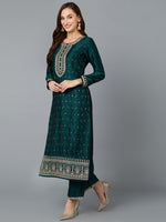 Green Silk Blend Embroidered Straight Suit Set