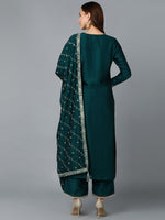 Green Silk Blend Embroidered Straight Suit Set