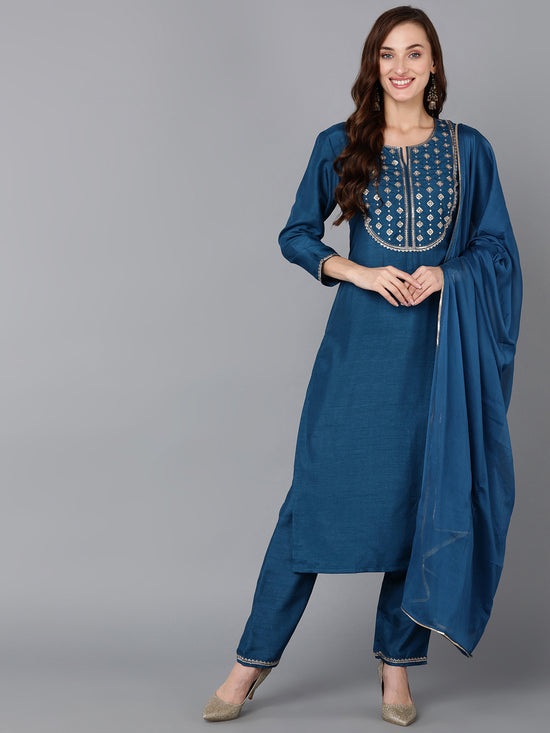 Ahika Women Silk Blend Embroidered Kurta Trouser