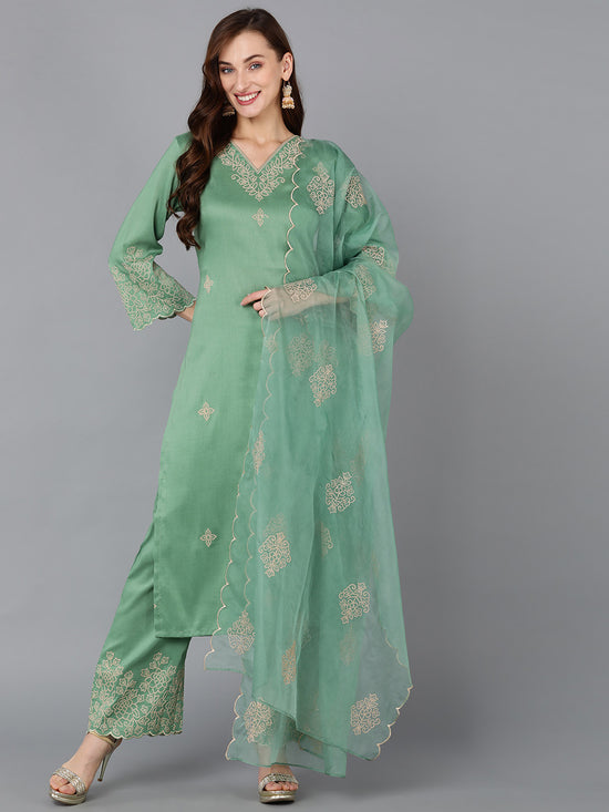 Ahika Women Silk Blend Embroidered Kurta Palazzos