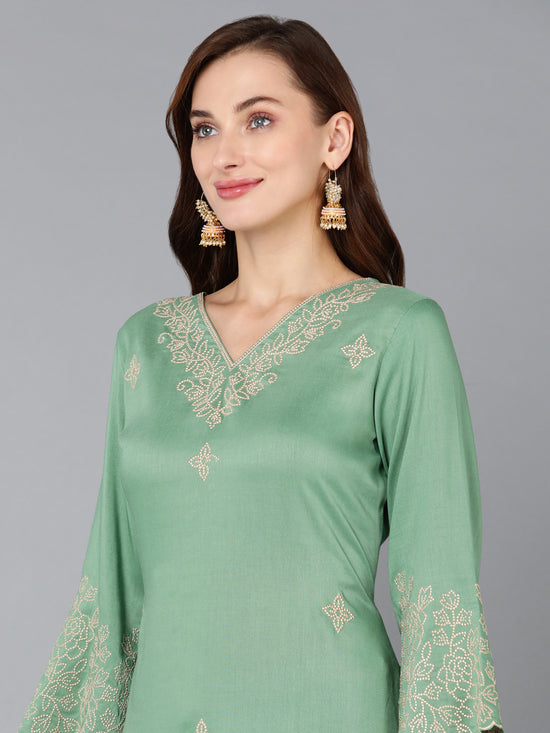 Ahika Women Silk Blend Embroidered Kurta Palazzos