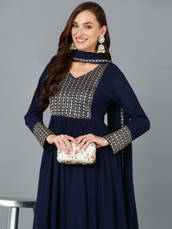 Navy Blue Georgette Sequinned Flared Suit Set