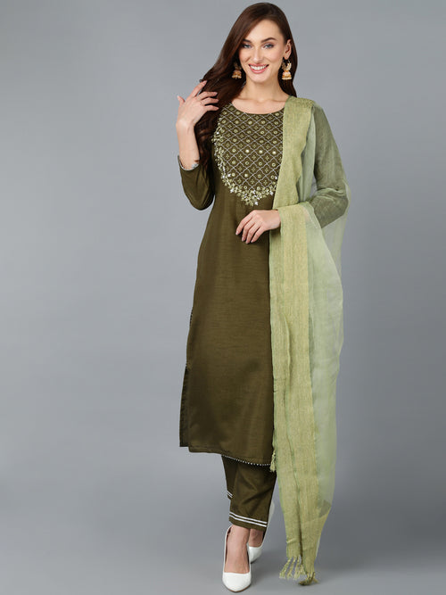 Green Silk Blend Embroidered Straight Suit Set