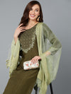 Green Silk Blend Embroidered Straight Suit Set